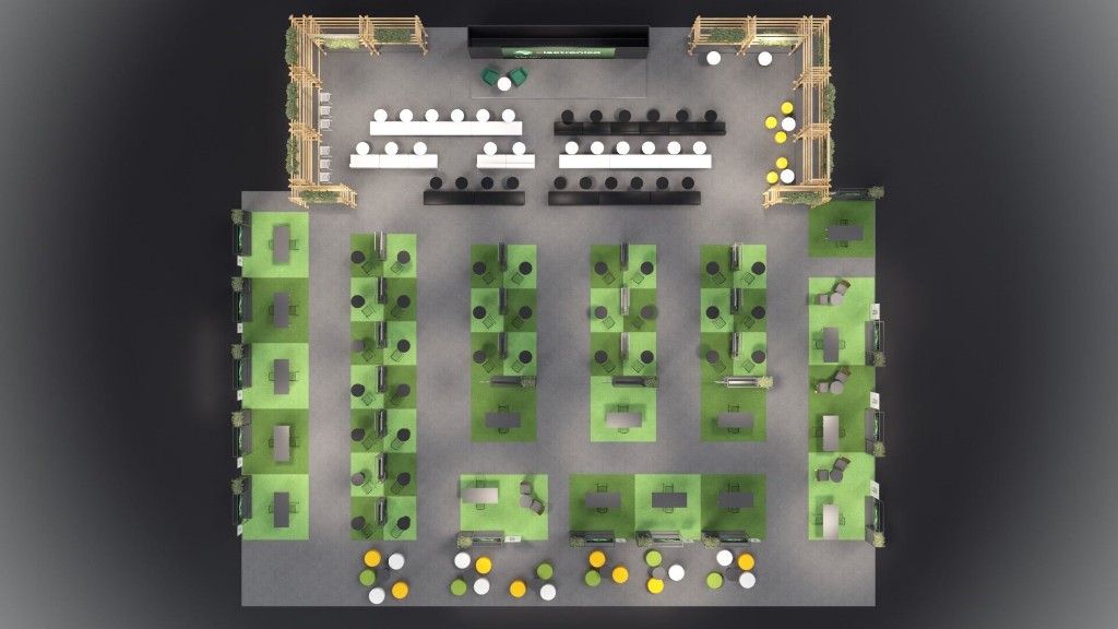 edge lab LIVE! stand floor plan: presentation area, exhibition pods, workshop seating, and lounge zones.
