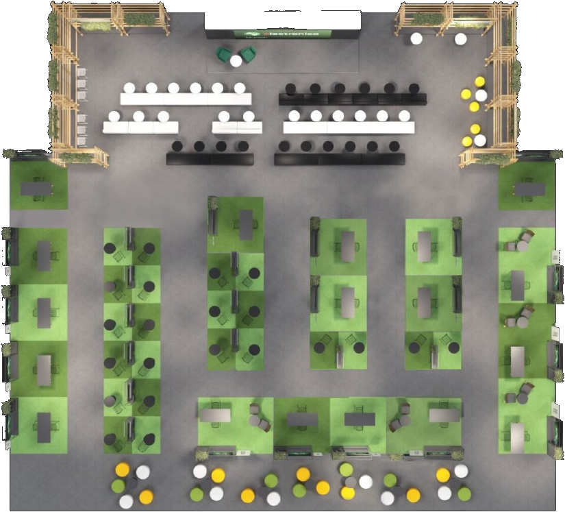 edge lab LIVE! stand floor plan: presentation area, exhibition pods, workshop seating, and lounge zones.