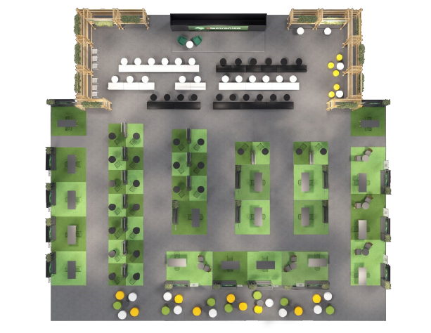edge lab LIVE! stand floor plan: presentation area, exhibition pods, workshop seating, and lounge zones.
