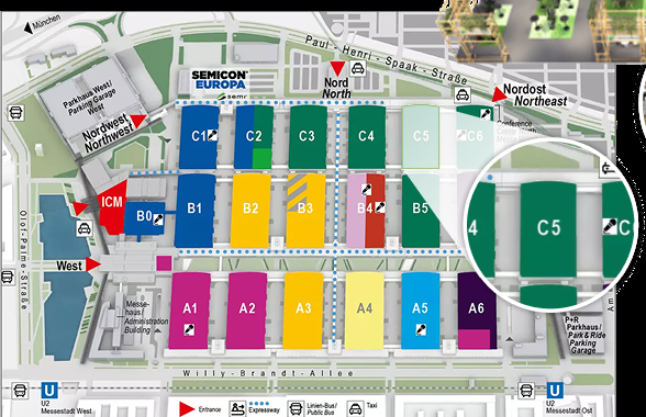Zoomed electronica site map at Messe München. Hall C5 is in the north hall row. Follow the north, west, northeast, or south approach to the north side of Hall C5.