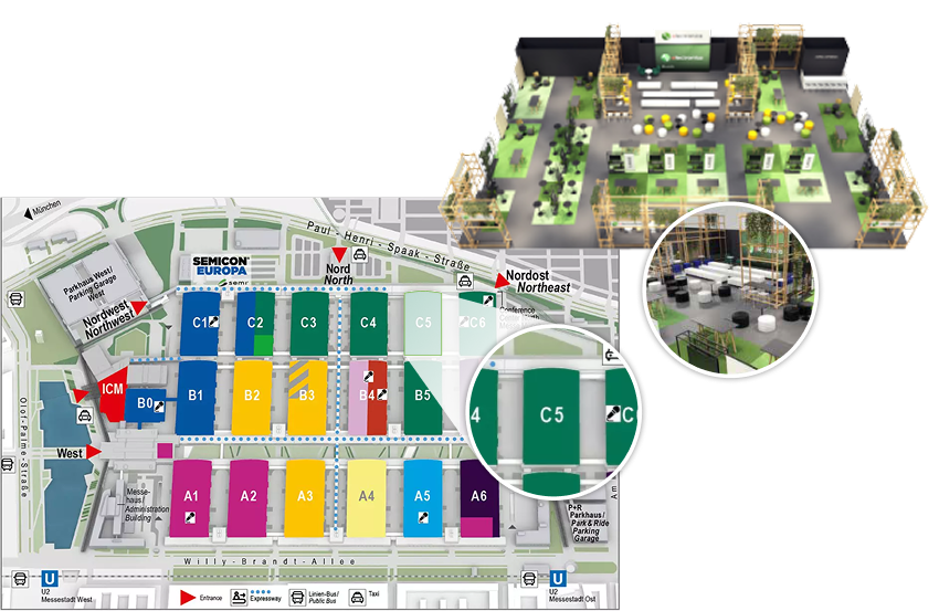 electronica Messe München fairground map with hall highlights, edge lab LIVE! location callouts, and 3D venue preview.